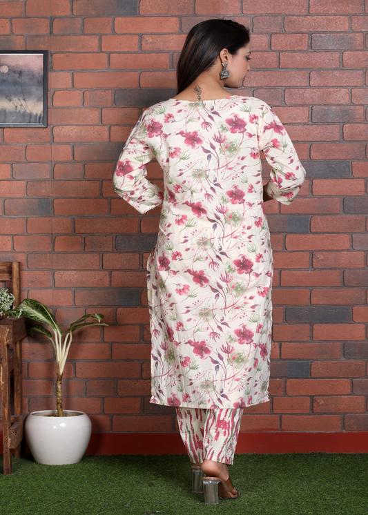 Plus Size Kurta Women's Floral Printed Embroidered Kurta with Pant & Dupatta Set