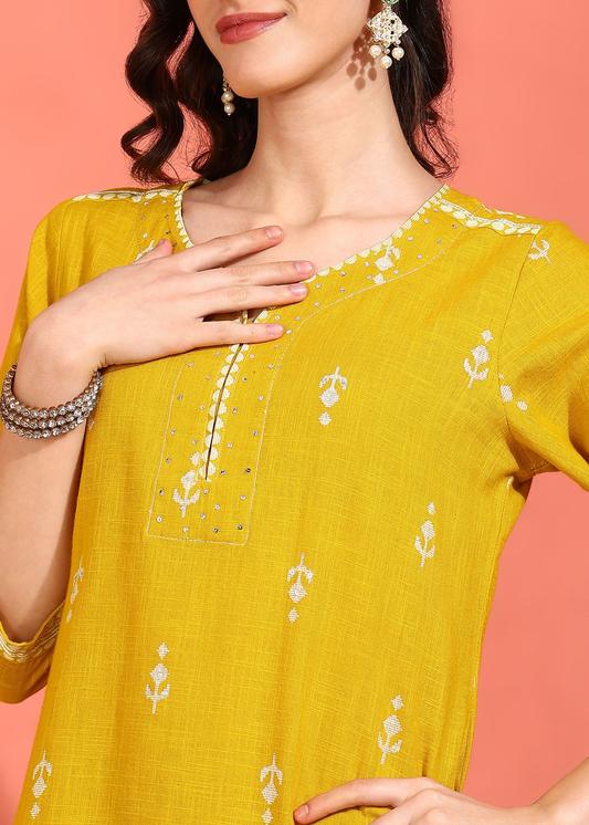 Plus Size Kurta Women's Mustard Cotton Slub Ikat Print Calf Length Notch Neck 3/4 Sleeves with Gota Detailing Straight Kurta With Pant And Duptta (Mustard)