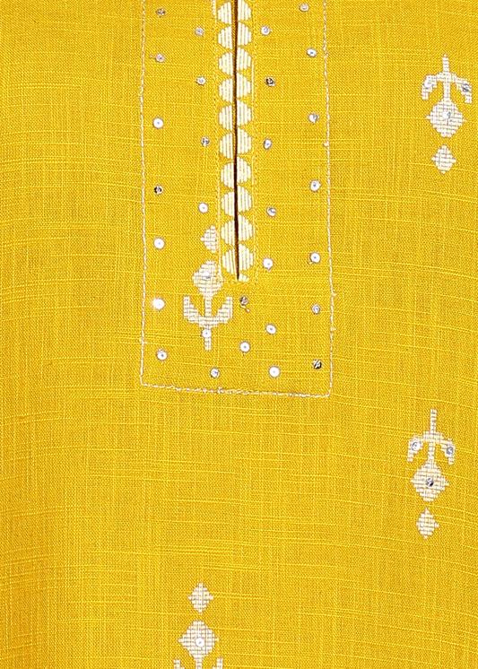 Plus Size Kurta Women's Mustard Cotton Slub Ikat Print Calf Length Notch Neck 3/4 Sleeves with Gota Detailing Straight Kurta With Pant And Duptta (Mustard)