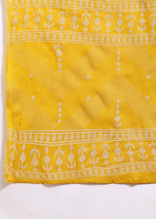 Plus Size Kurta Women's Mustard Cotton Slub Ikat Print Calf Length Notch Neck 3/4 Sleeves with Gota Detailing Straight Kurta With Pant And Duptta (Mustard)