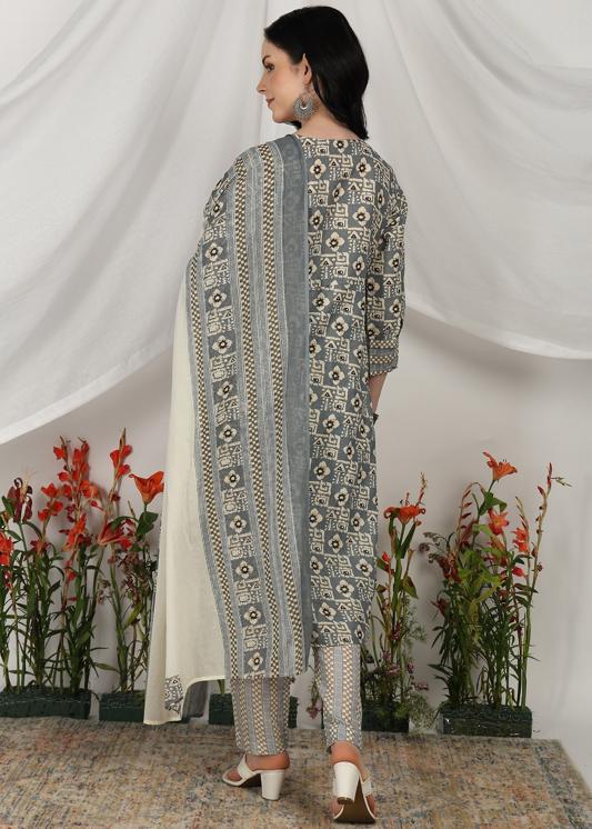 Plus Size Kurta Women's Cotton Geometrical Print Calf Length Notch Neck 3/4 Sleeves Straight Kurta With Pant And Duptta