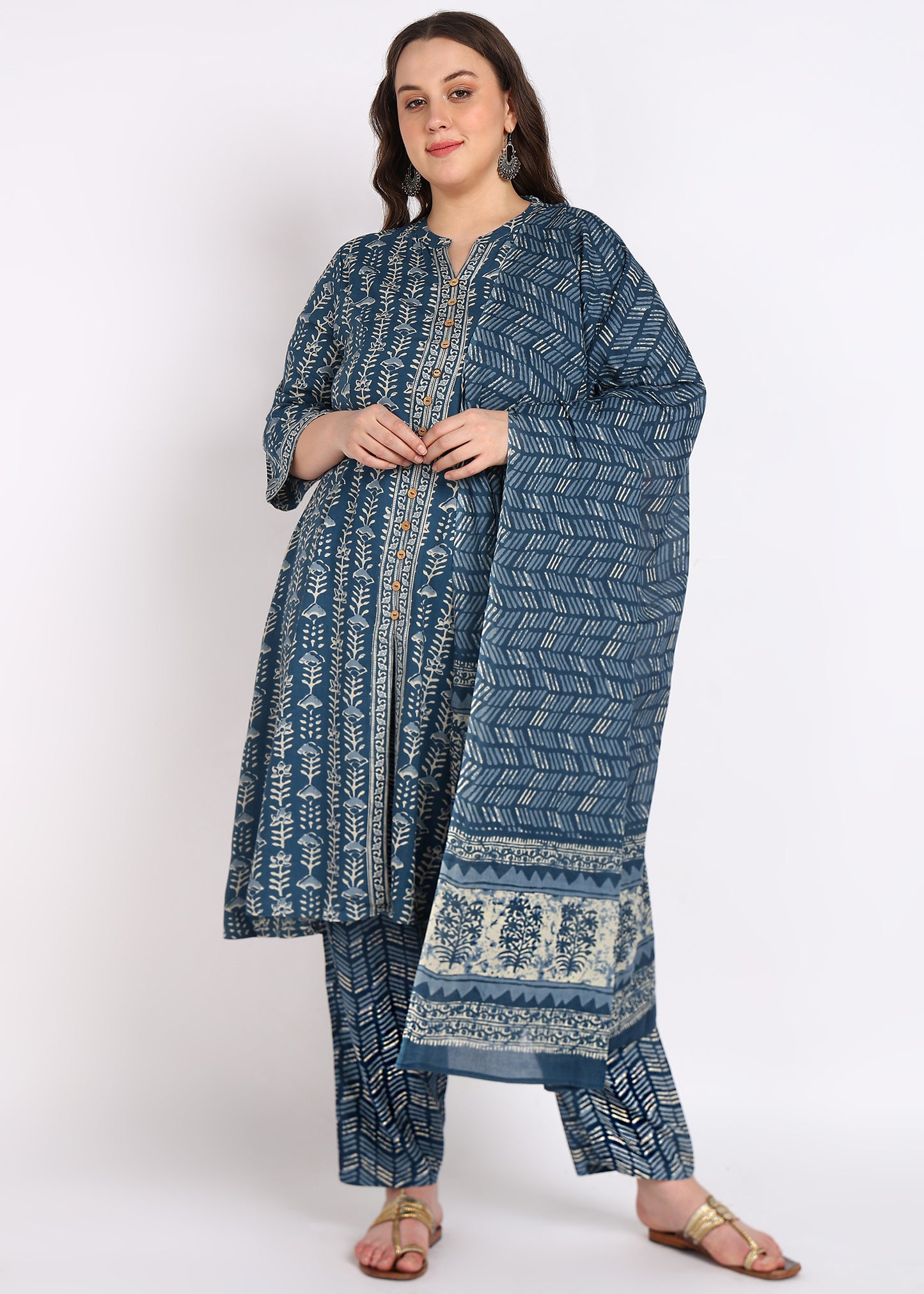 Plus Size Blue Floral Printed Anarkali Kurta with Pant & Dupatta Set