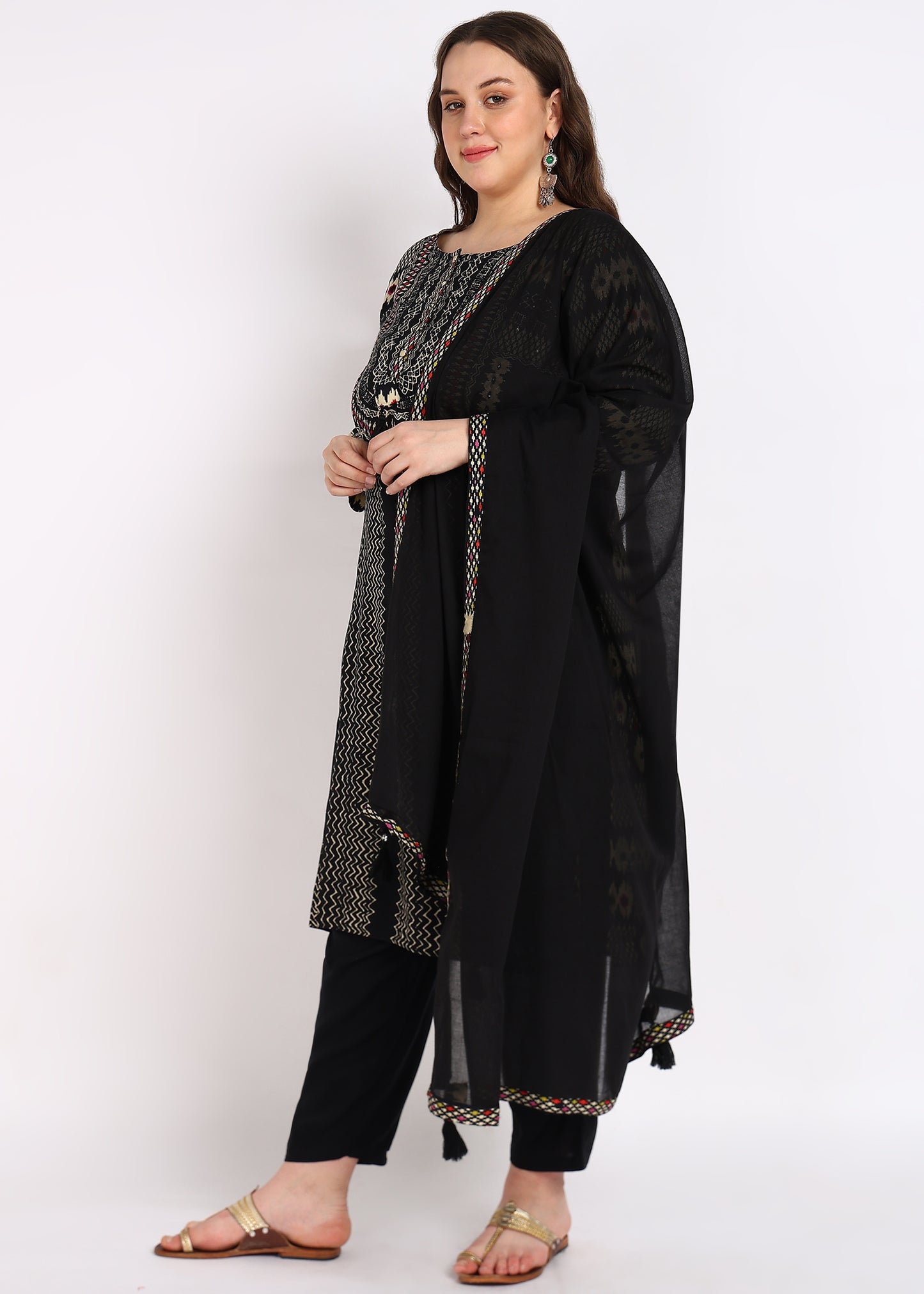 Plus Size Black & Beige Printed Kurta Set with Dupatta – 3-Piece Set