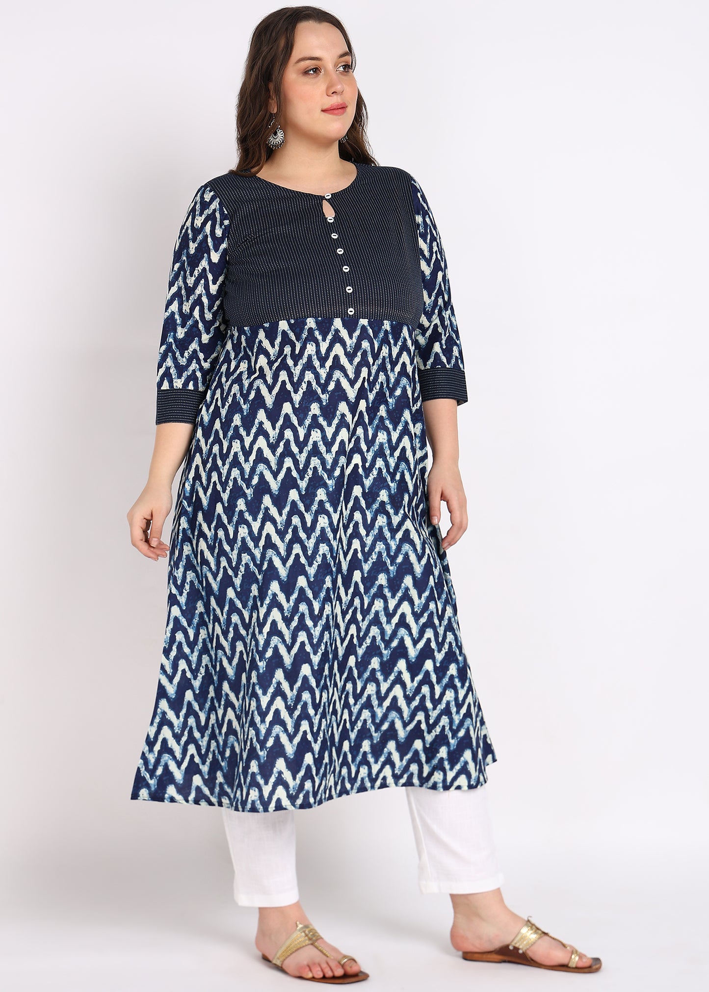 Blue Chevron Print A-Line Kurta – Elegant Kaantha Work & Button Embellishments