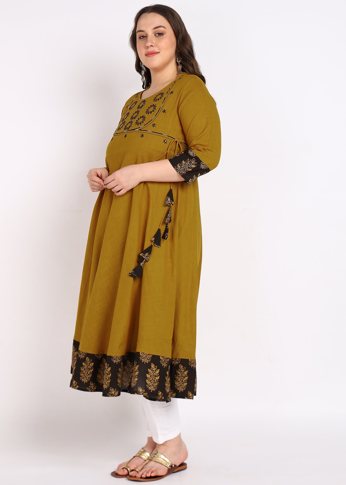 Mustard Sequin Work Angrakha Kurta – Elegant Embroidery & Stand Collar