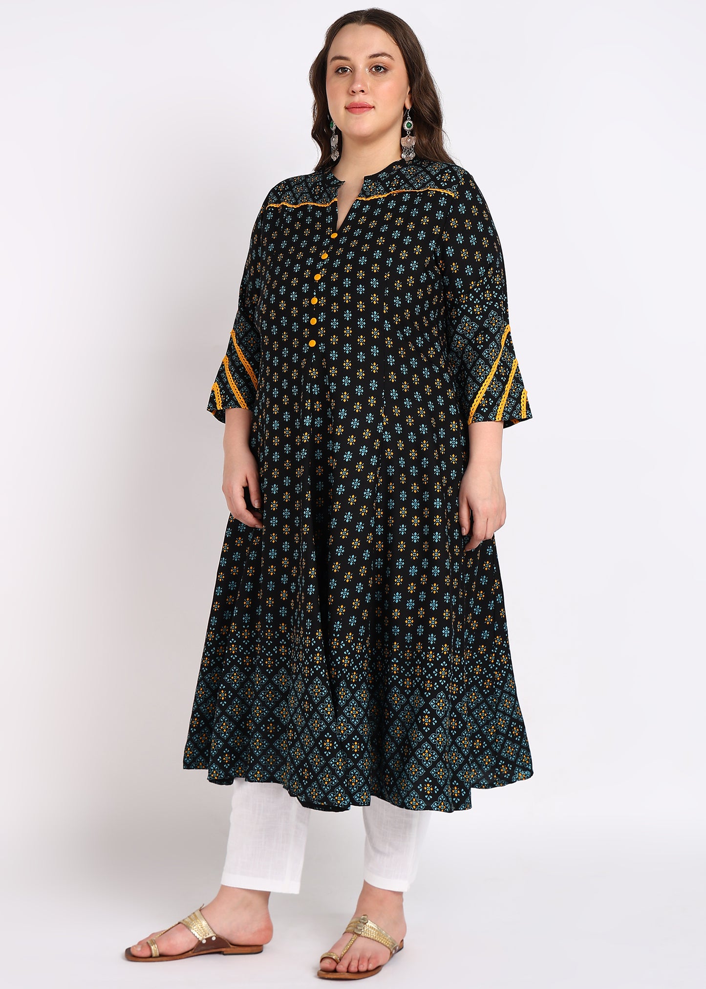 Plus Size Black Floral Printed A-Line Kurta with Yellow Button Detailing
