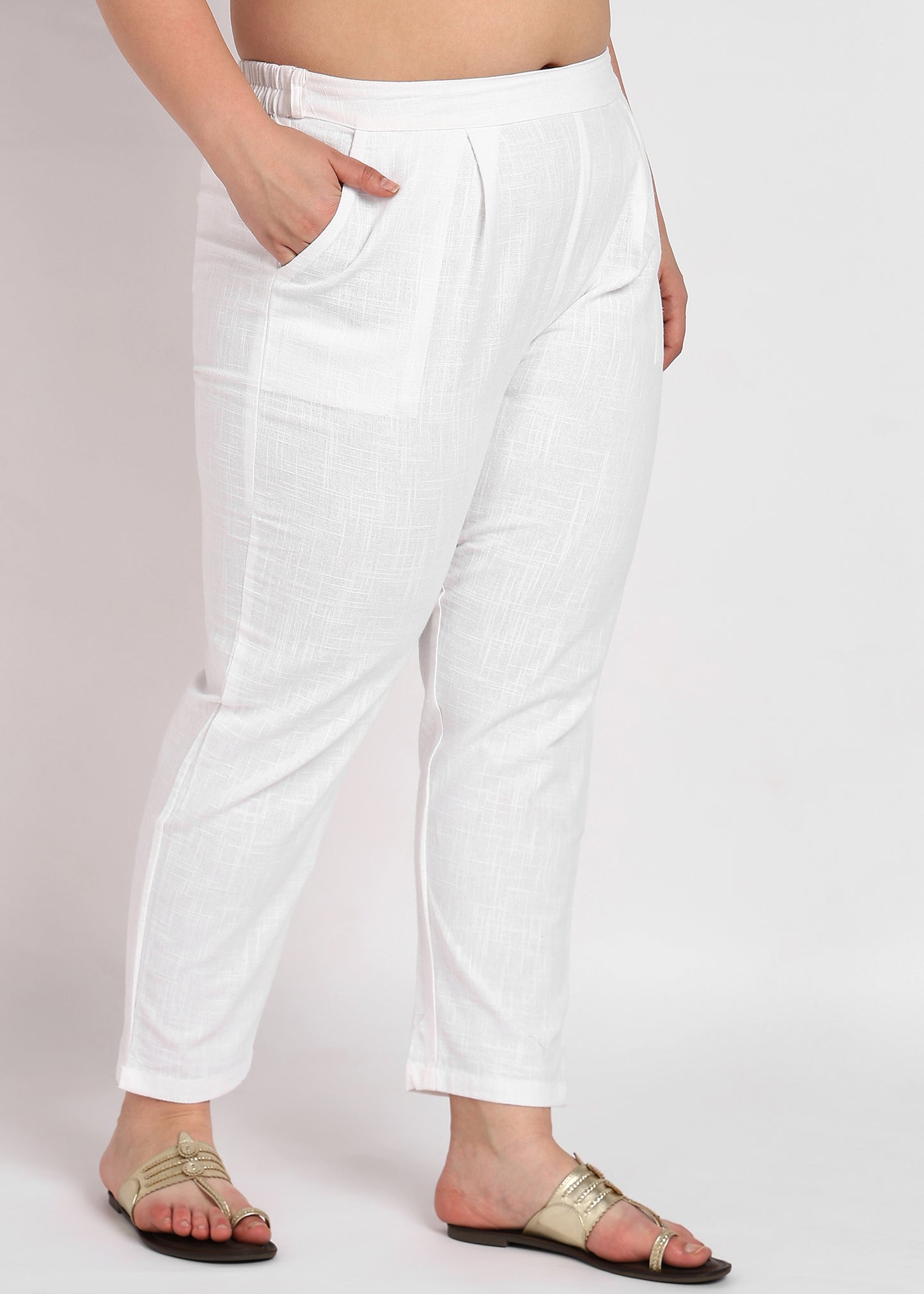 Plus Size White Textured Cotton Pants