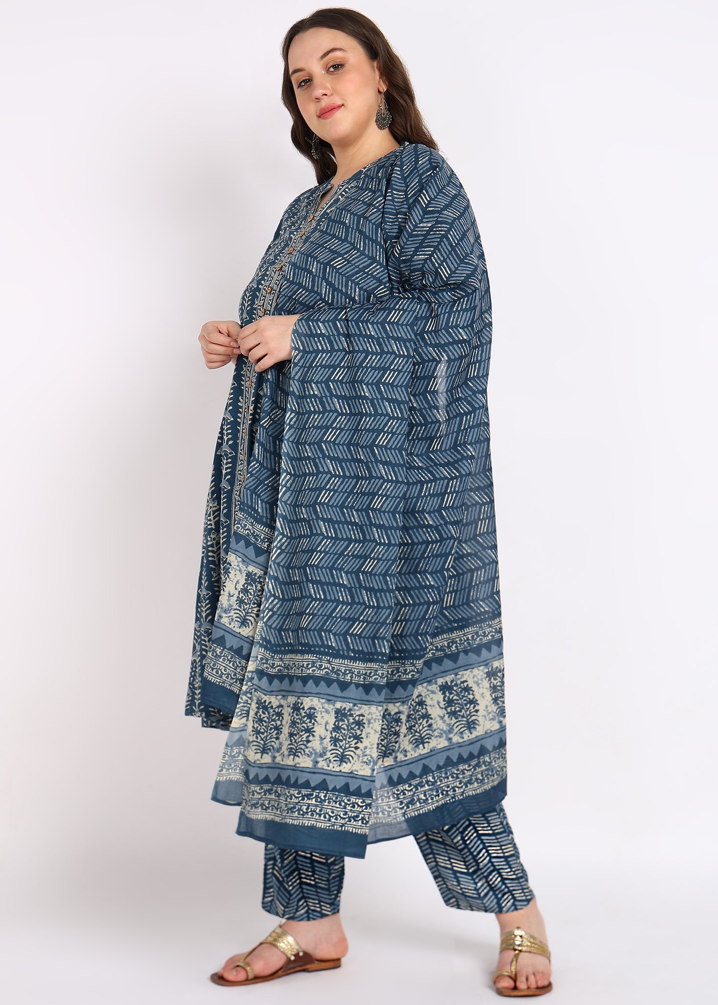Plus Size Blue Floral Printed Anarkali Kurta with Pant & Dupatta Set