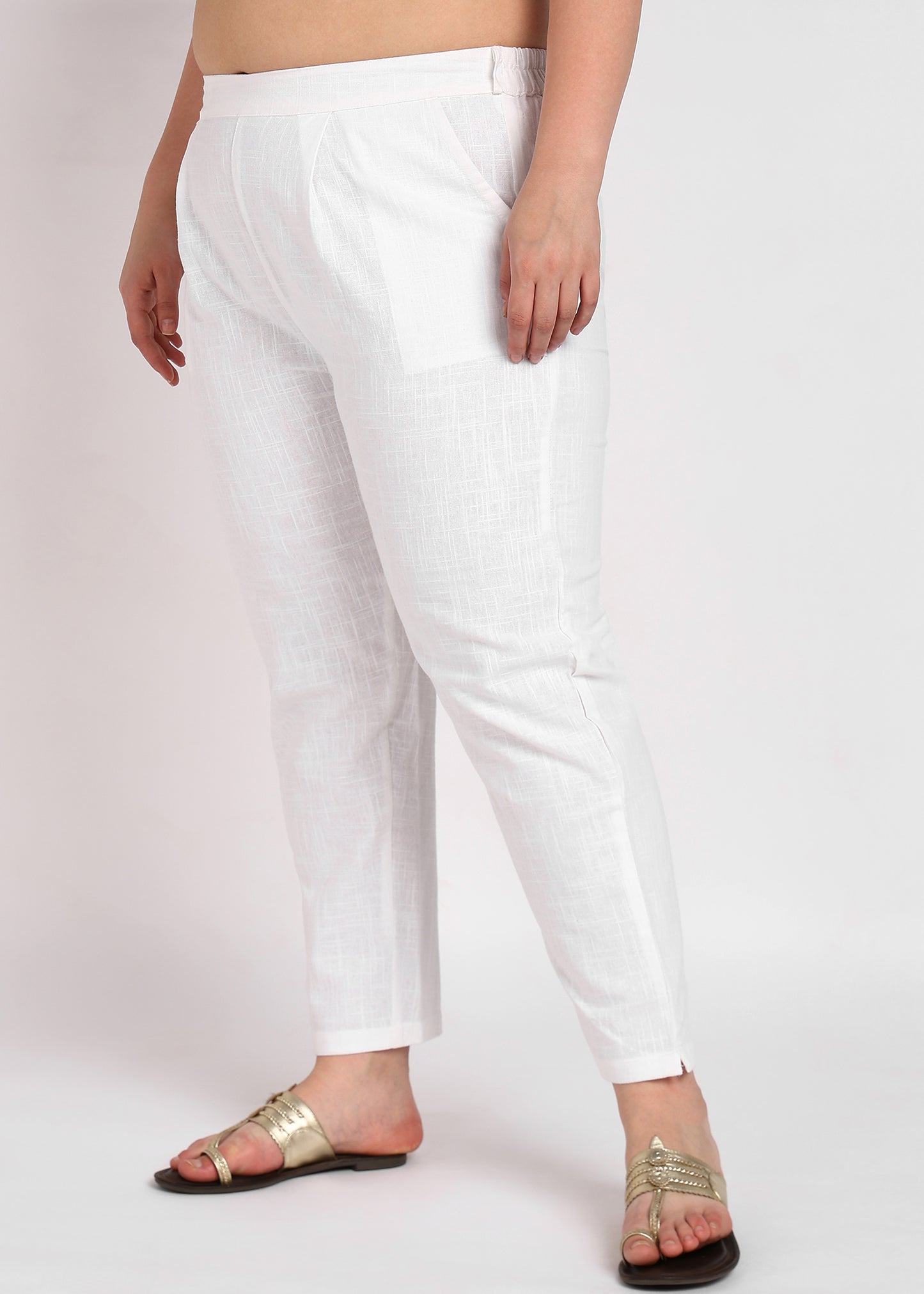 Plus Size White Textured Cotton Pants