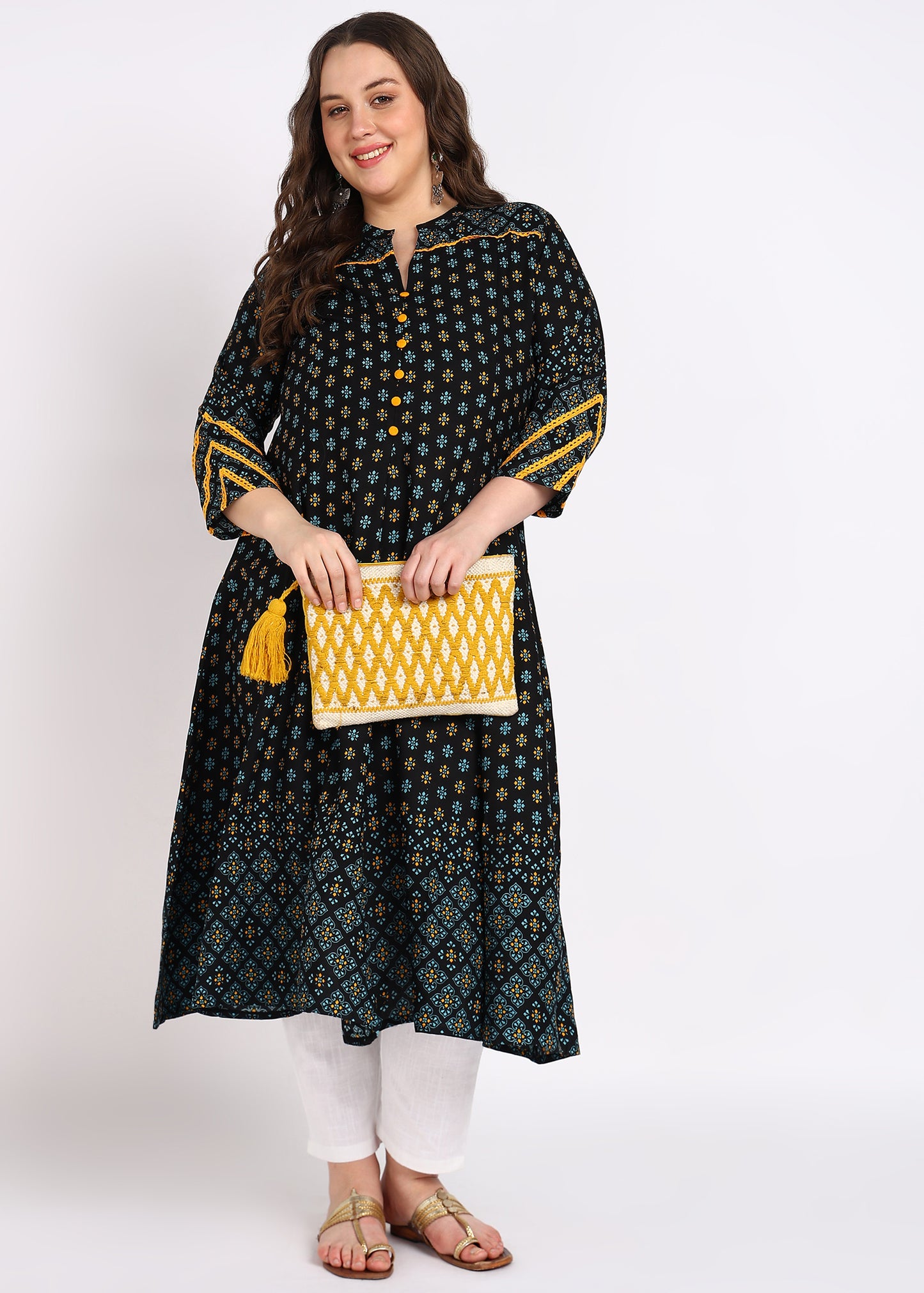 Plus Size Black Floral Printed A-Line Kurta with Yellow Button Detailing