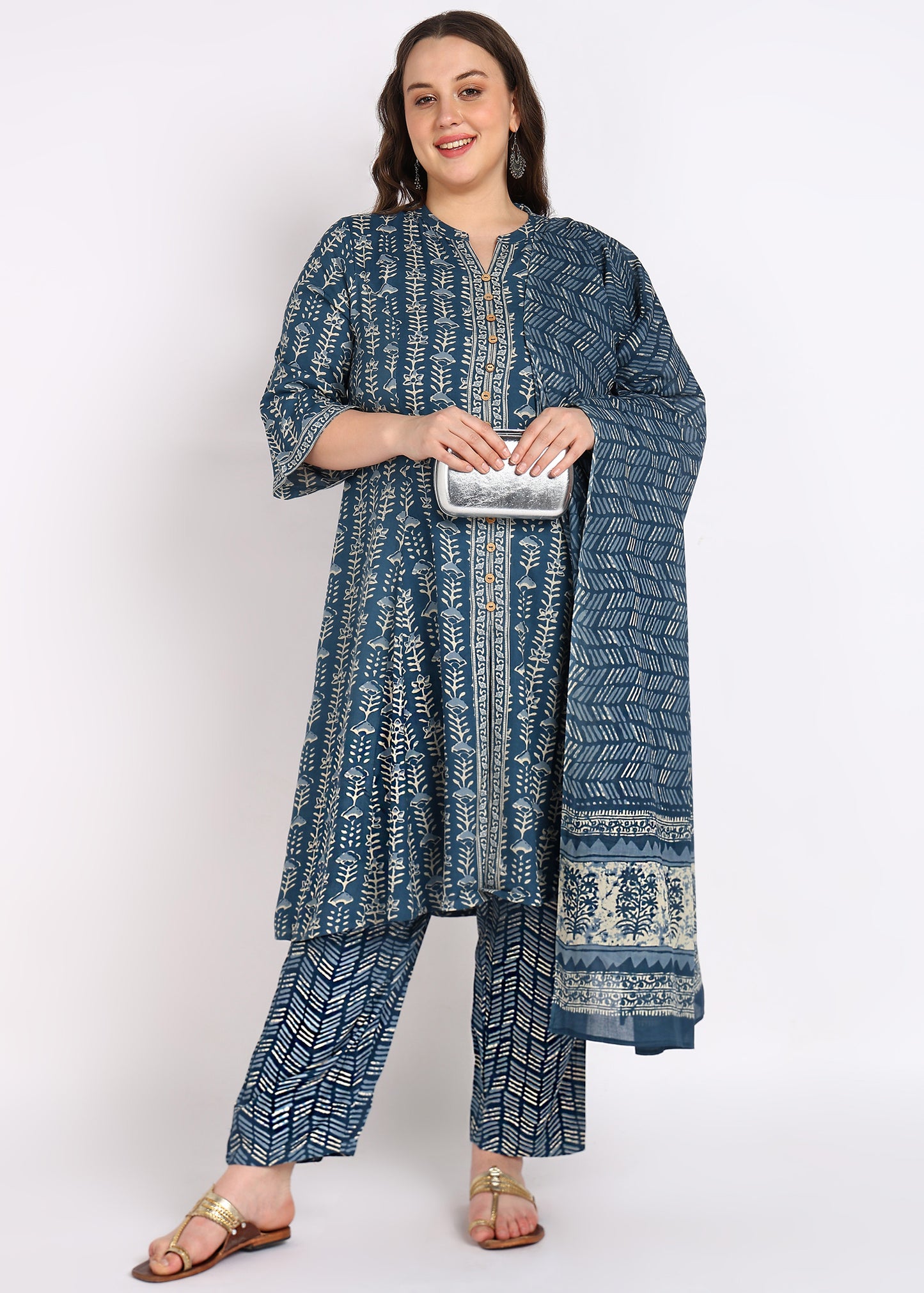 Plus Size Blue Floral Printed Anarkali Kurta with Pant & Dupatta Set