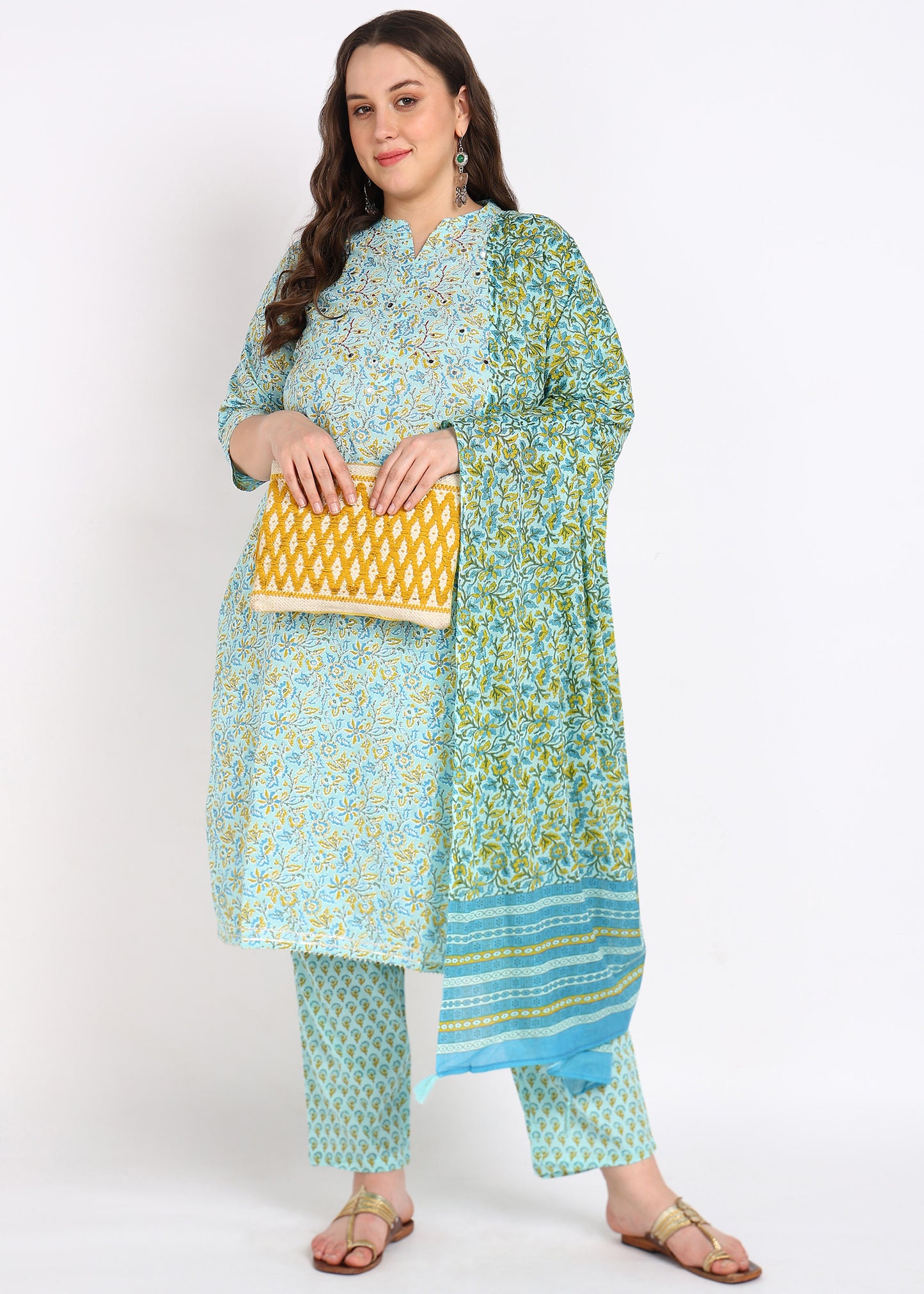 Floral Printed Straight Kurti – Elegant Embroidery & Coordinated Set