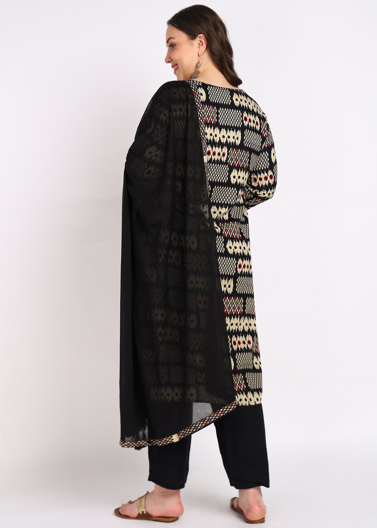 Plus Size Black & Beige Printed Kurta Set with Dupatta – 3-Piece Set