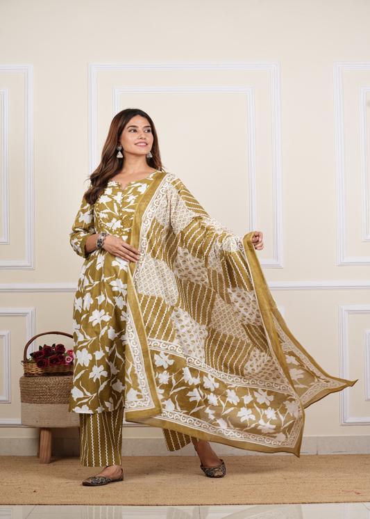 Plus Size Kurta Women's Cotton Ankle Length Notch Neck 3/4 Sleeves Floral Print Mirror Work Anarkali With Pant And Duptta