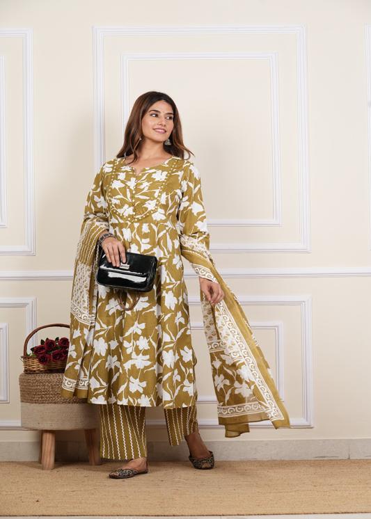 Plus Size Kurta Women's Cotton Ankle Length Notch Neck 3/4 Sleeves Floral Print Mirror Work Anarkali With Pant And Duptta