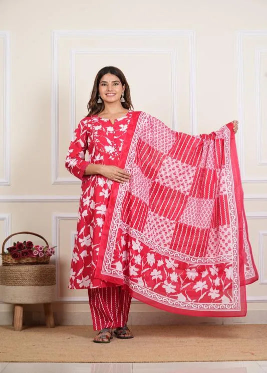 Cotton Ankle Length Notch Neck 3/4 Sleeves Floral Print Mirror Work Anarkali With Pant And Duptta
