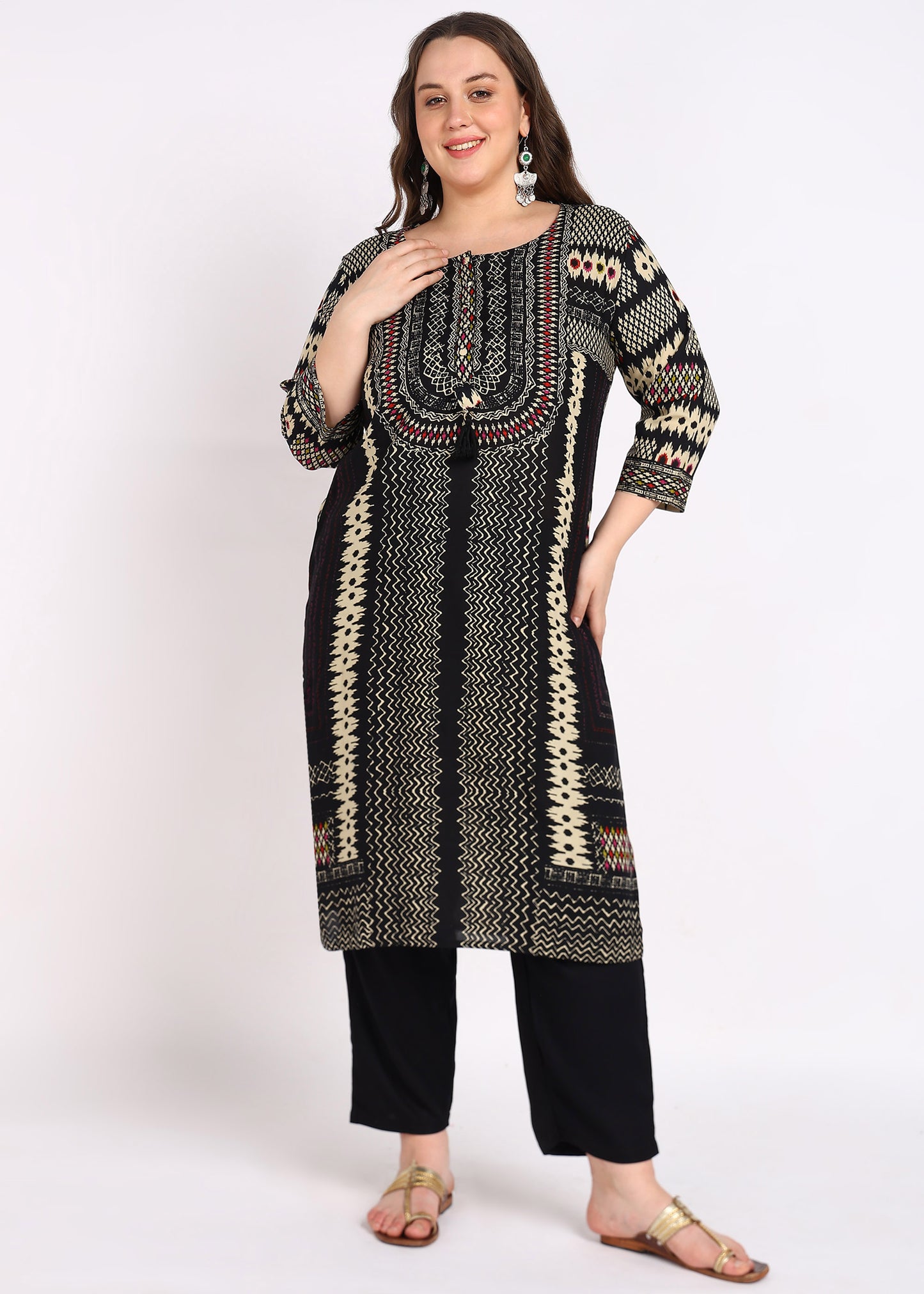 Plus Size Black & Beige Printed Kurta Set with Dupatta – 3-Piece Set