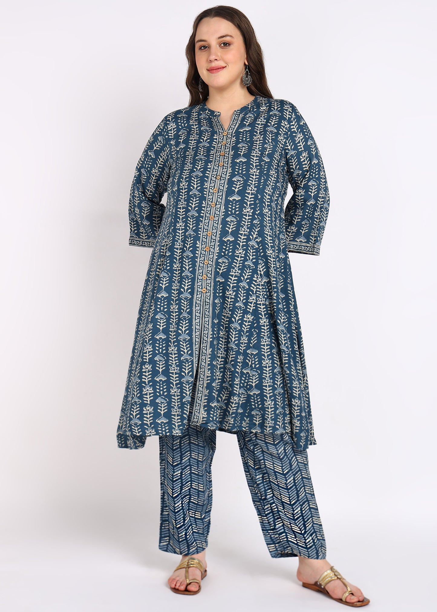 Plus Size Blue Floral Printed Anarkali Kurta with Pant & Dupatta Set