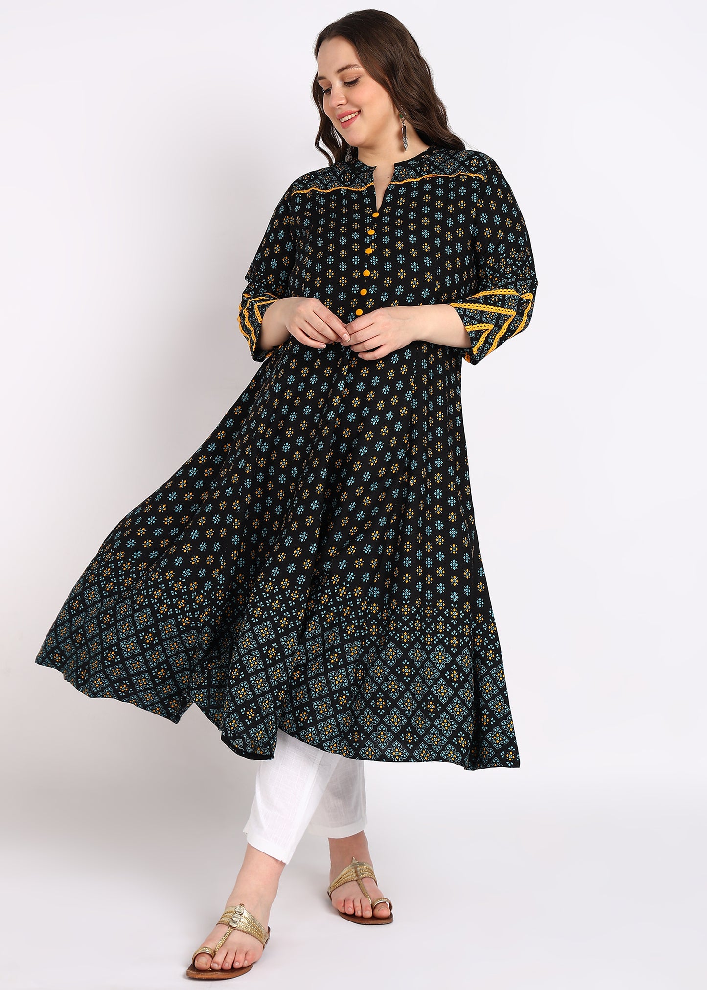 Plus Size Black Floral Printed A-Line Kurta with Yellow Button Detailing
