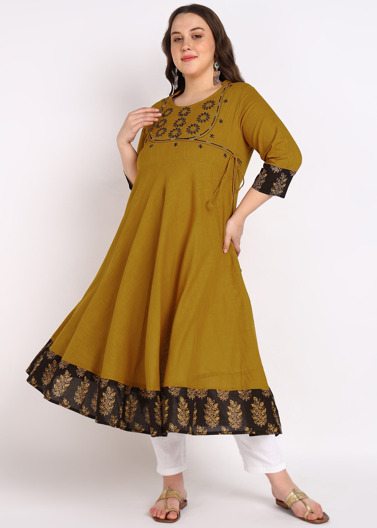 Mustard Sequin Work Angrakha Kurta – Elegant Embroidery & Stand Collar