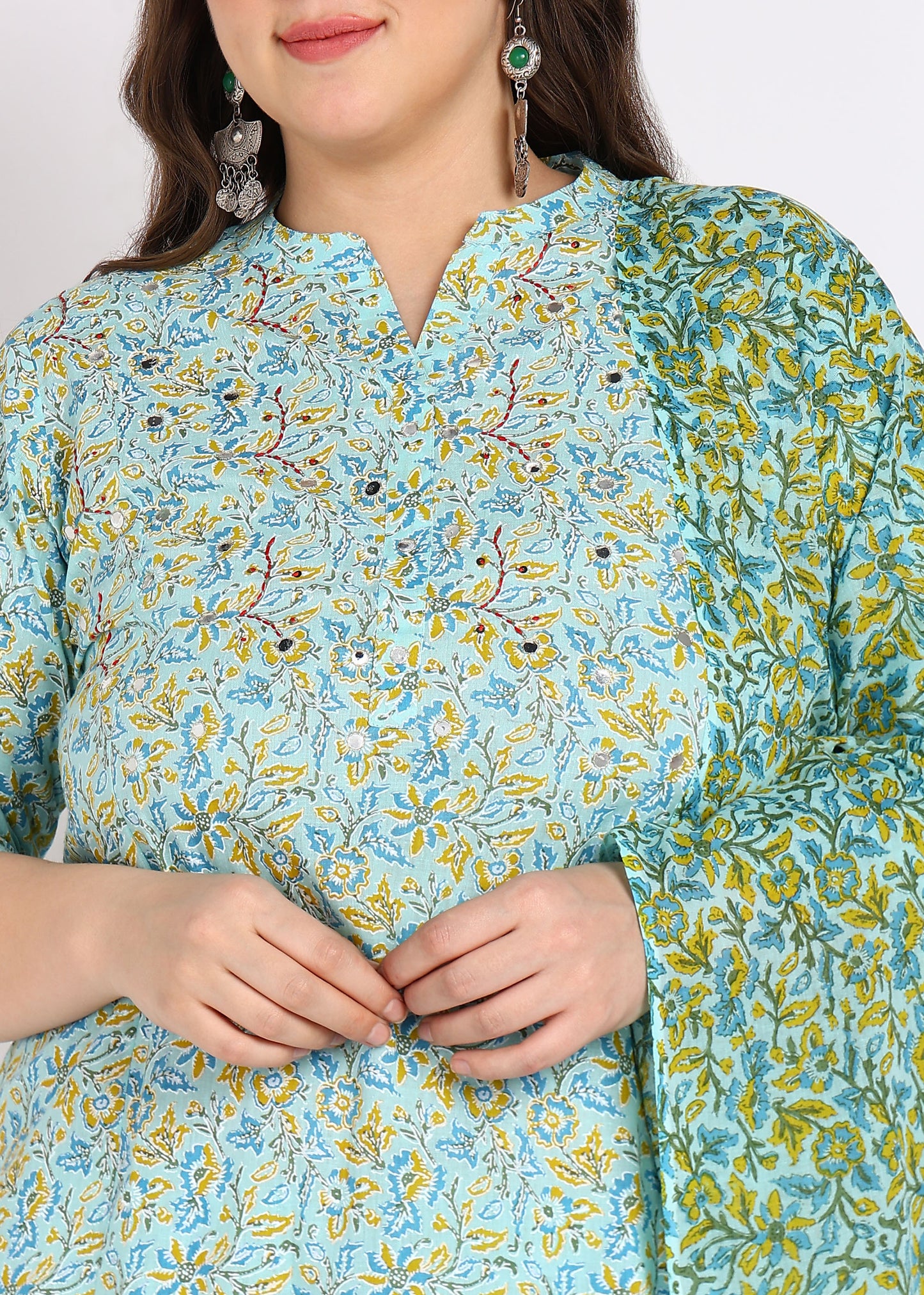 Floral Printed Straight Kurti – Elegant Embroidery & Coordinated Set