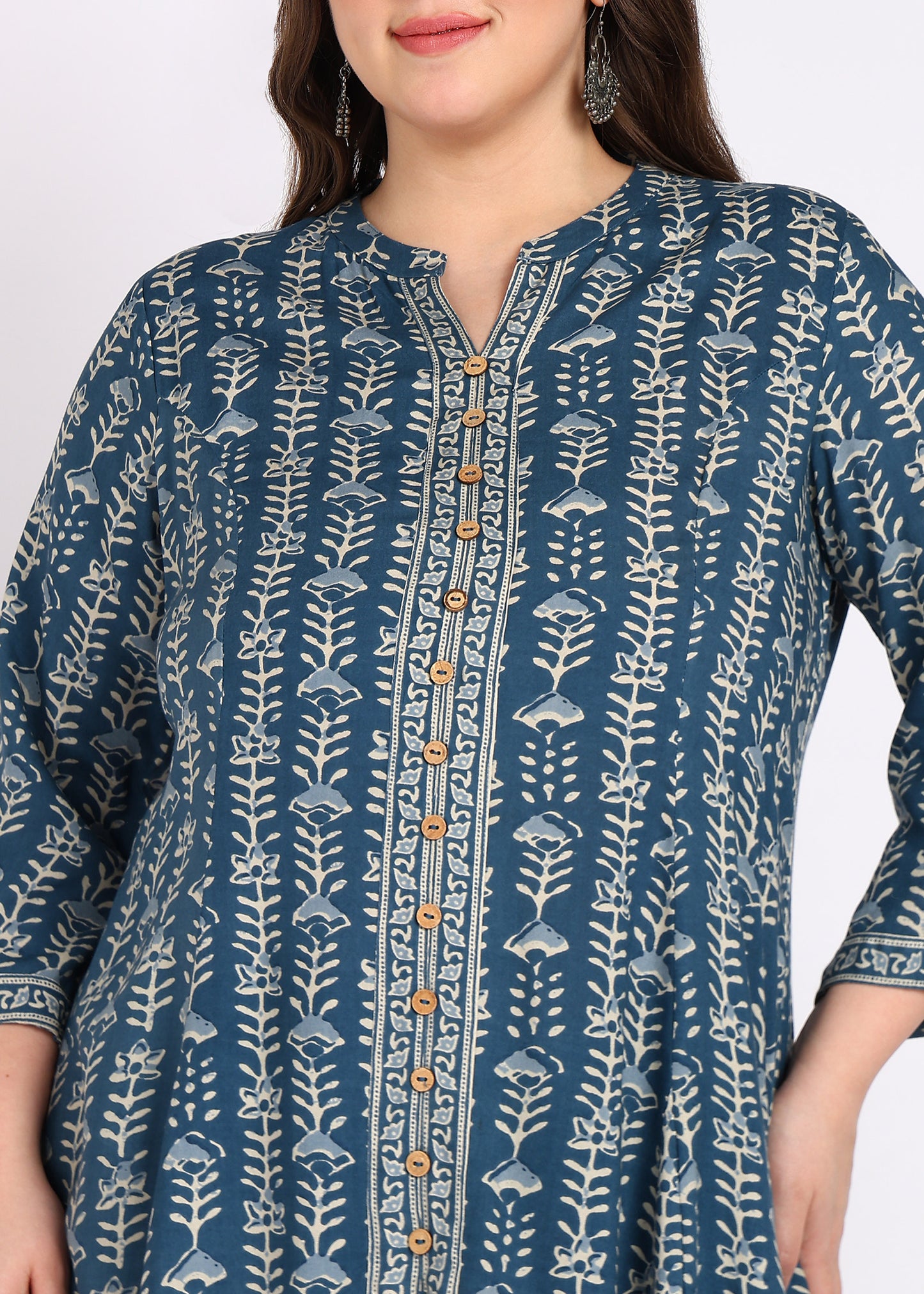 Plus Size Blue Floral Printed Anarkali Kurta with Pant & Dupatta Set