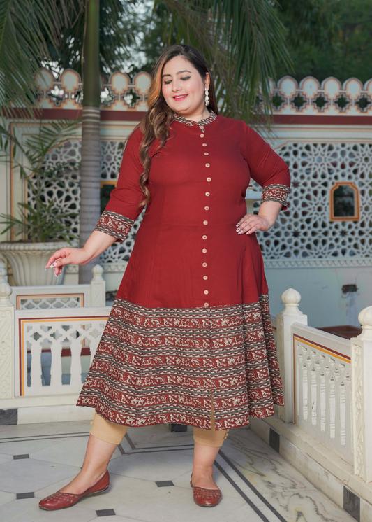 Plus Size Kurta Women's Plus Size Maroon Rayon Floral Printed Anarkali Kurta (Maroon)