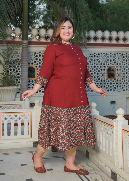 Plus Size Kurta Women's Plus Size Maroon Rayon Floral Printed Anarkali Kurta (Maroon)