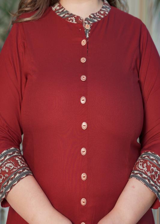 Plus Size Kurta Women's Plus Size Maroon Rayon Floral Printed Anarkali Kurta (Maroon)