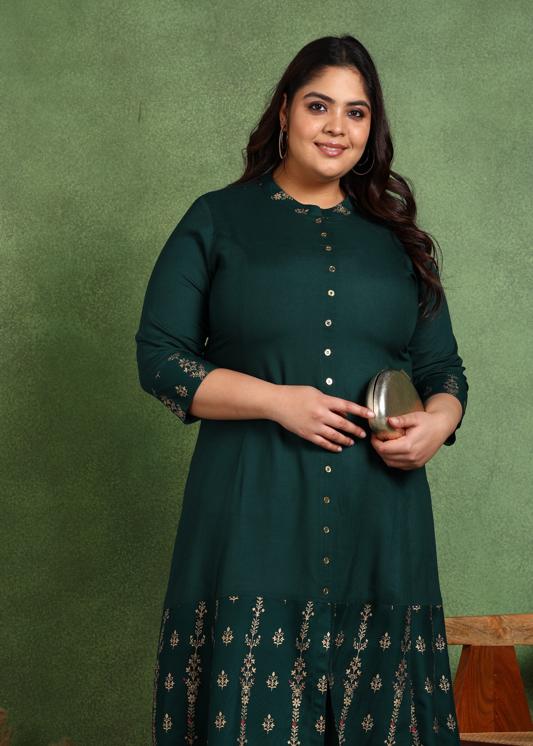 Plus Size Kurta Women's Rayon Floral Printed 3/4th Sleeve Regular Fit Mandarin collar A-Line Kurta