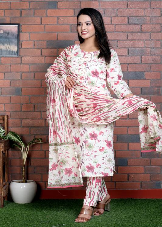 Plus Size Kurta Women's Floral Printed Embroidered Kurta with Pant & Dupatta Set