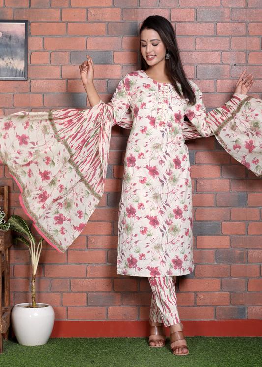 Plus Size Kurta Women's Floral Printed Embroidered Kurta with Pant & Dupatta Set