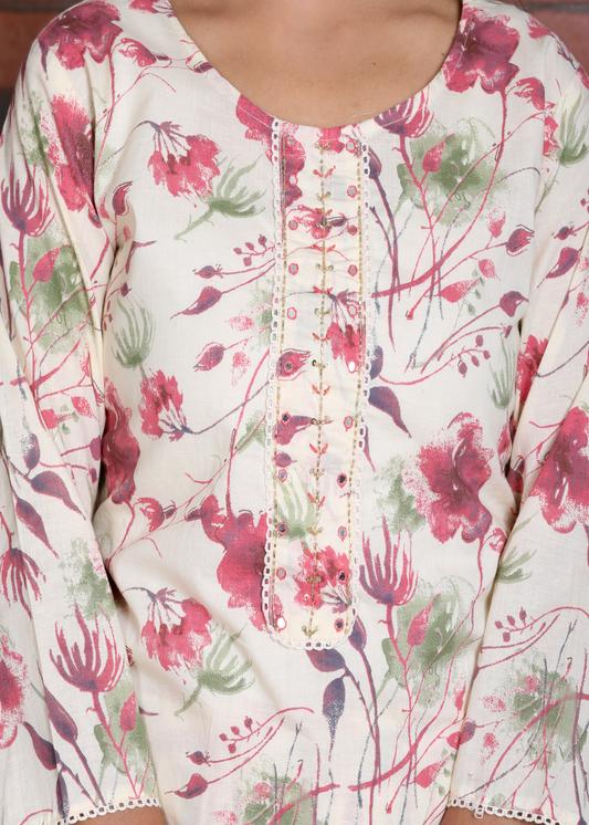 Plus Size Kurta Women's Floral Printed Embroidered Kurta with Pant & Dupatta Set