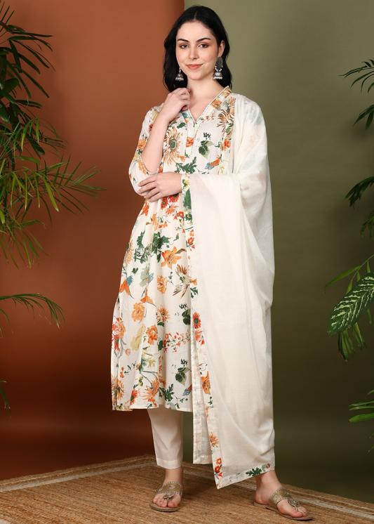 Plus Size Kurta Women's Cotton Cambric Floral Print Calf Length V-Neck With Lace Detaling  3/4 Sleeves Straight Kurta With Pant And Duptta