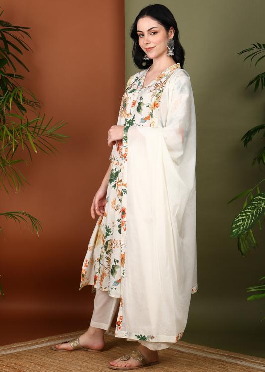 Plus Size Kurta Women's Cotton Cambric Floral Print Calf Length V-Neck With Lace Detaling  3/4 Sleeves Straight Kurta With Pant And Duptta