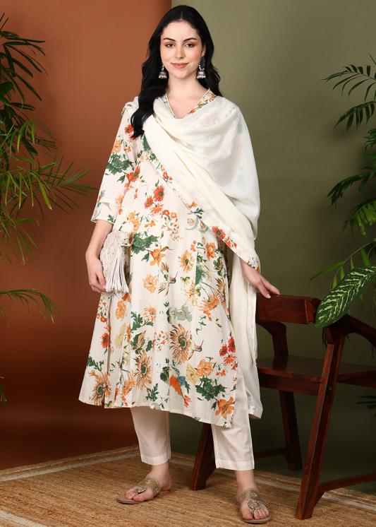 Plus Size Kurta Women's Cotton Cambric Floral Print Calf Length V-Neck With Lace Detaling  3/4 Sleeves Straight Kurta With Pant And Duptta