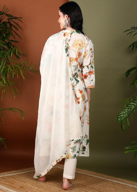 Plus Size Kurta Women's Cotton Cambric Floral Print Calf Length V-Neck With Lace Detaling  3/4 Sleeves Straight Kurta With Pant And Duptta