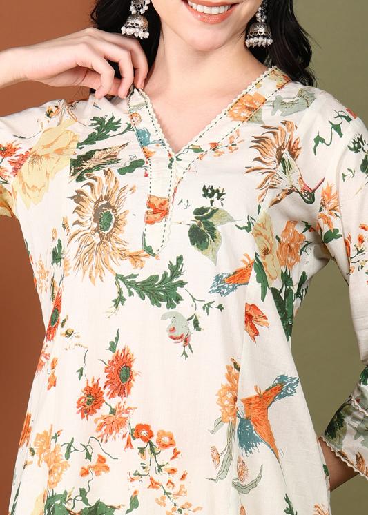 Plus Size Kurta Women's Cotton Cambric Floral Print Calf Length V-Neck With Lace Detaling  3/4 Sleeves Straight Kurta With Pant And Duptta