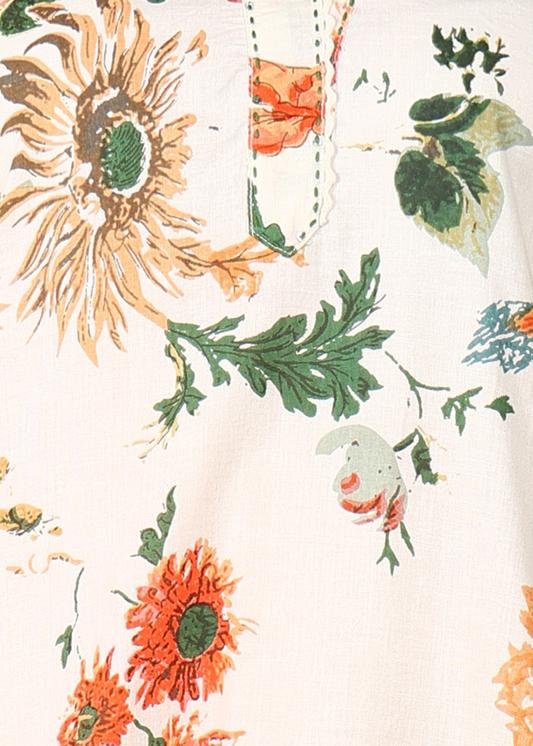 Plus Size Kurta Women's Cotton Cambric Floral Print Calf Length V-Neck With Lace Detaling  3/4 Sleeves Straight Kurta With Pant And Duptta