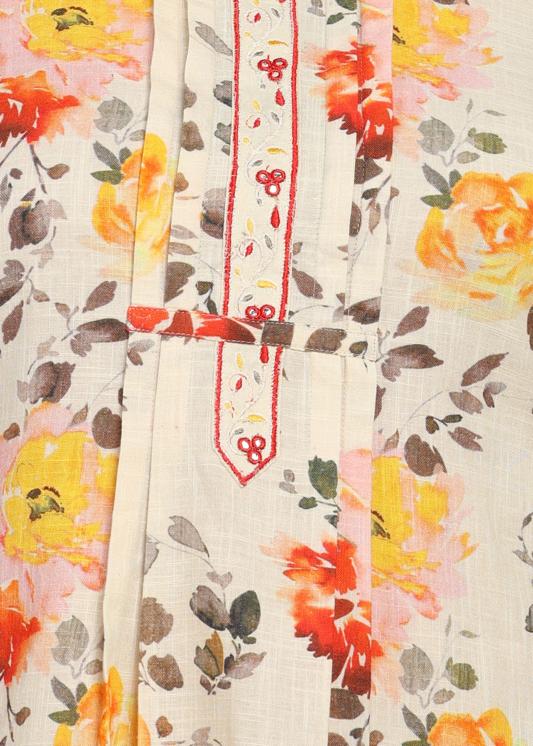 Plus Size Kurta Women's Cotton Slub Floral Print Calf Length Mandarin Collar Straight Kurta With Pant