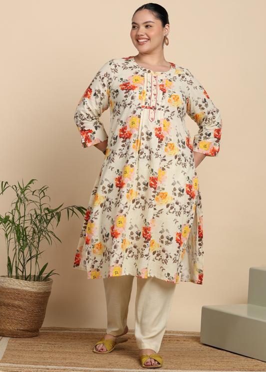 Plus Size Kurta Women's Cotton Slub Floral Print Calf Length Mandarin Collar Straight Kurta With Pant
