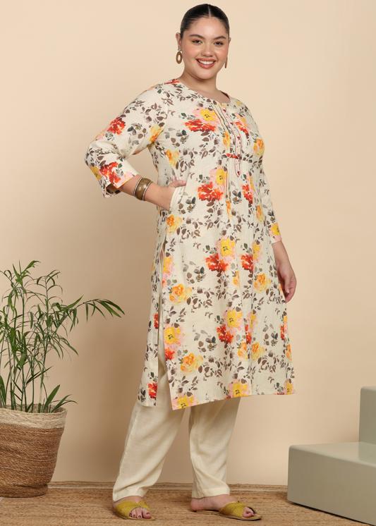 Plus Size Kurta Women's Cotton Slub Floral Print Calf Length Mandarin Collar Straight Kurta With Pant
