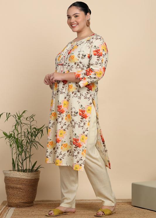 Plus Size Kurta Women's Cotton Slub Floral Print Calf Length Mandarin Collar Straight Kurta With Pant