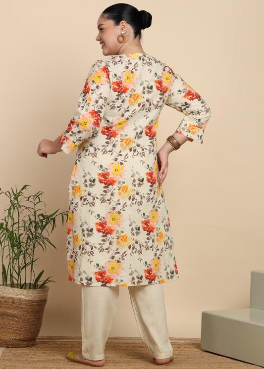 Plus Size Kurta Women's Cotton Slub Floral Print Calf Length Mandarin Collar Straight Kurta With Pant