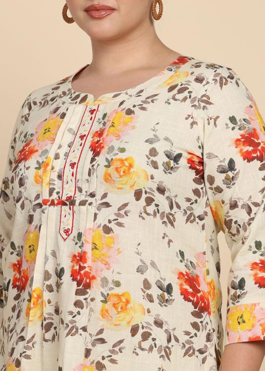 Plus Size Kurta Women's Cotton Slub Floral Print Calf Length Mandarin Collar Straight Kurta With Pant