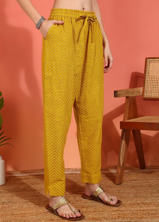 Plus Size Kurta Women's Mustard Cotton Slub Ikat Print Calf Length Notch Neck 3/4 Sleeves with Gota Detailing Straight Kurta With Pant And Duptta (Mustard)