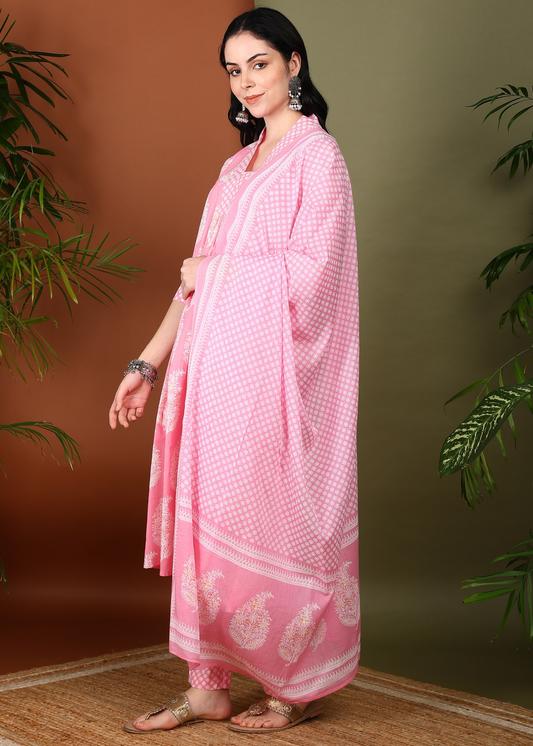 Plus Size Kurta Women's Cotton Print Calf Length V- Neck 3/4TH Sleeve A-Line Kurta Paired With Elastic Bottom And Duptta
