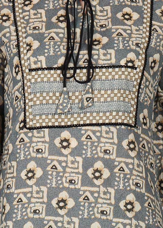 Plus Size Kurta Women's Cotton Geometrical Print Calf Length Notch Neck 3/4 Sleeves Straight Kurta With Pant And Duptta