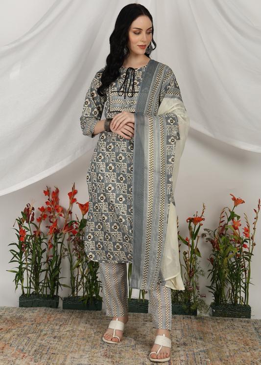 Plus Size Kurta Women's Cotton Geometrical Print Calf Length Notch Neck 3/4 Sleeves Straight Kurta With Pant And Duptta