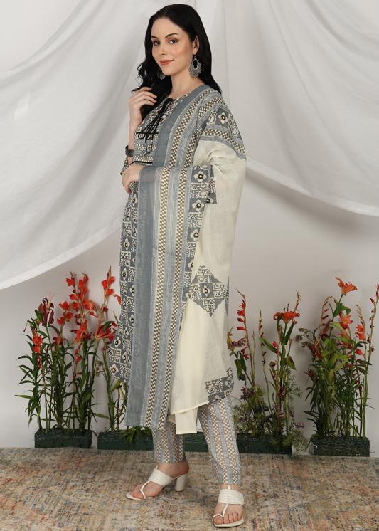 Plus Size Kurta Women's Cotton Geometrical Print Calf Length Notch Neck 3/4 Sleeves Straight Kurta With Pant And Duptta